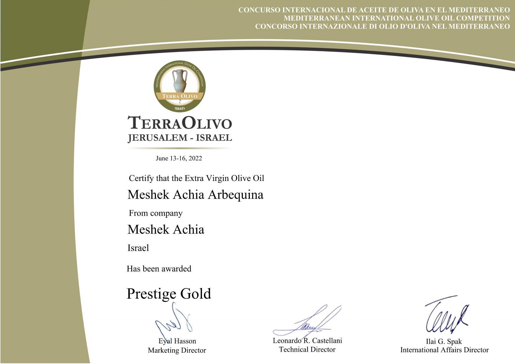 Terraolivo 2022 certificate_Meshek Achia_Meshek Achia Arbequina_Prestige Gold משק אחיה