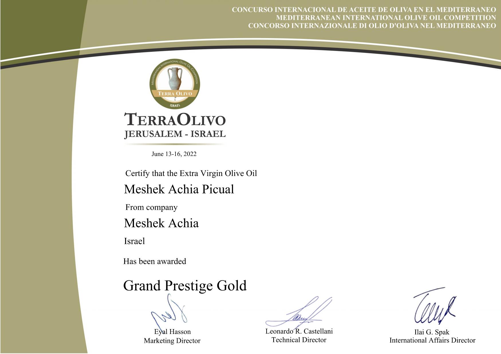 Terraolivo 2022 certificate_Meshek Achia_Meshek Achia Picual_Grand Prestige Gold משק אחיה
