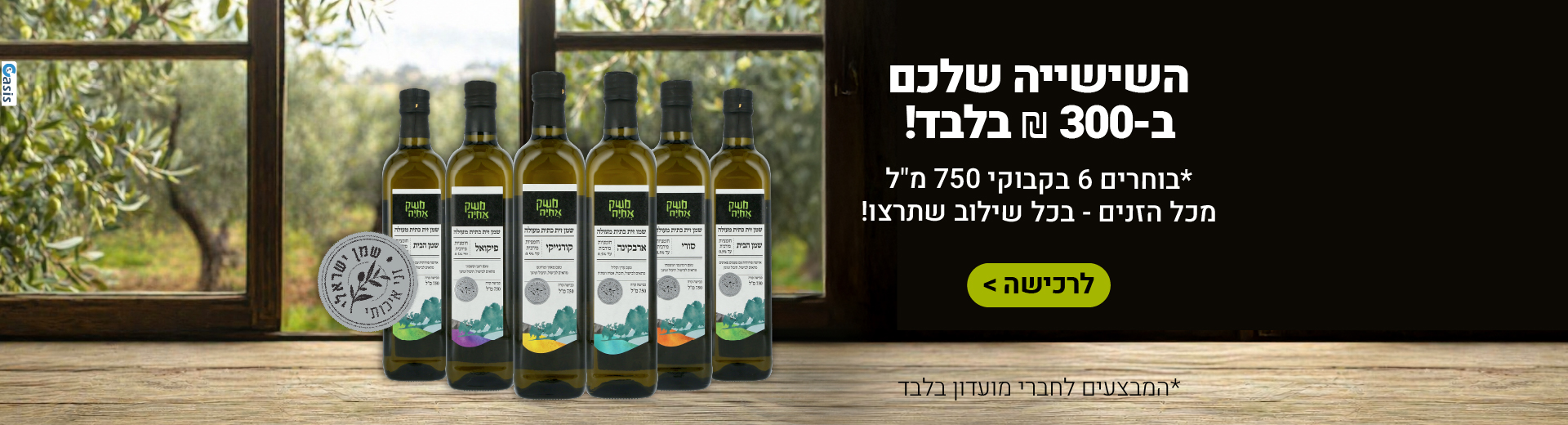 השיישיה שלכם ב300 שח בלבד! לרכישה > לחברי מועדון בלבד "בוחרים 6 בקבוקי 750 מ"ל מכל הזנים – בכל שילוב שתרצו!"