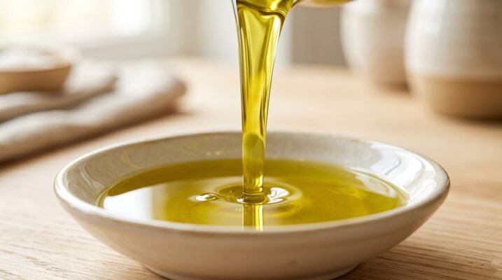 שמן זית טרי נמזג לתוך צלוחית